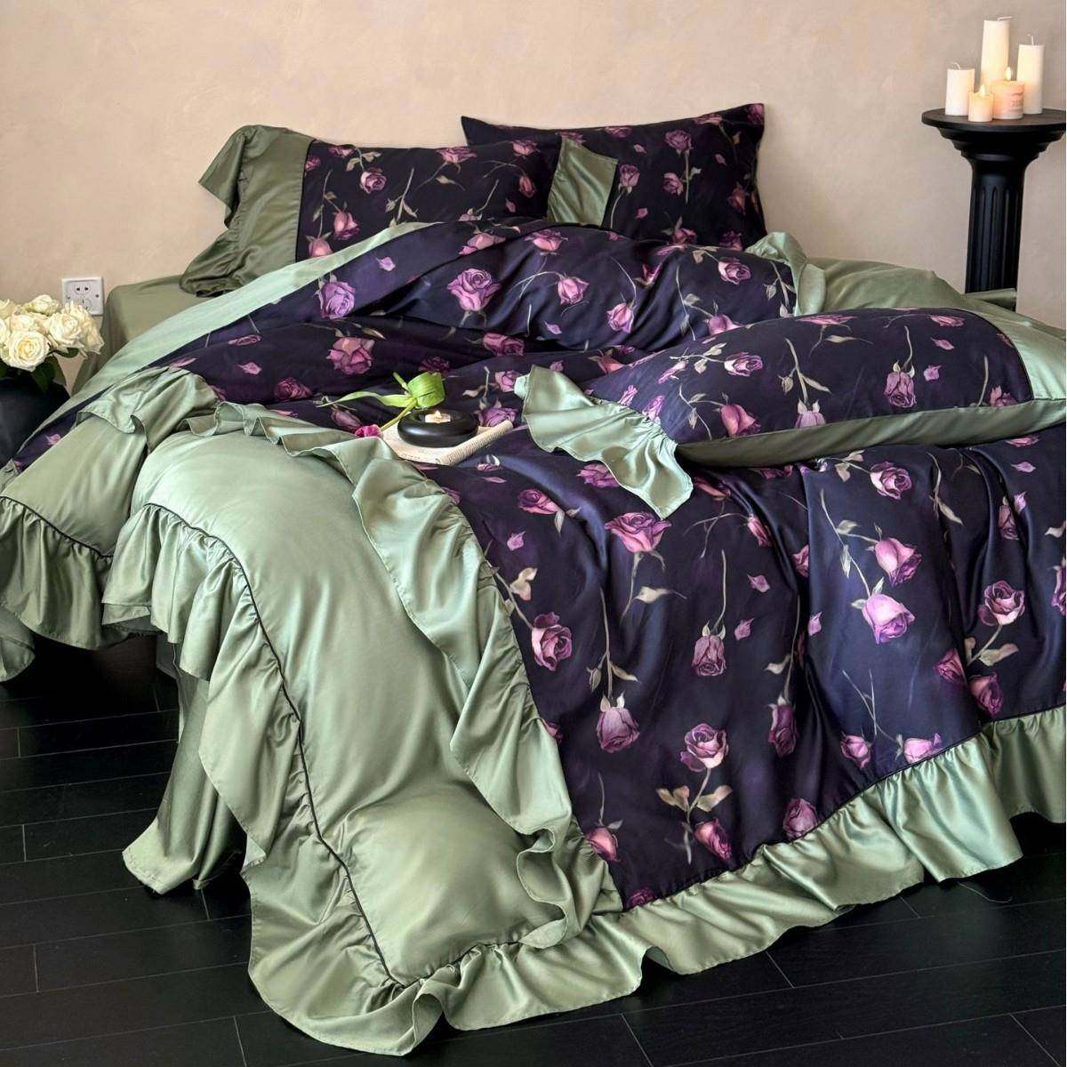 法式公主风长绒棉四件套复古花卉印花荷叶边被套床单床品