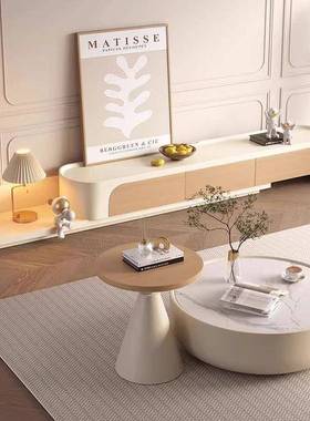 奶油风实木岩板茶几客厅家用原木色拉伸电视柜组合大小户型落地柜