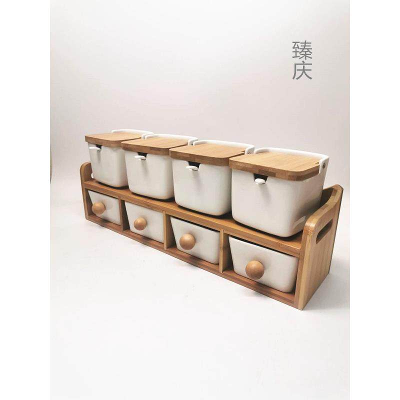 陶瓷双层套八抽屉式翻盖调味罐套装家用厨房盐糖辣椒调料盒收纳