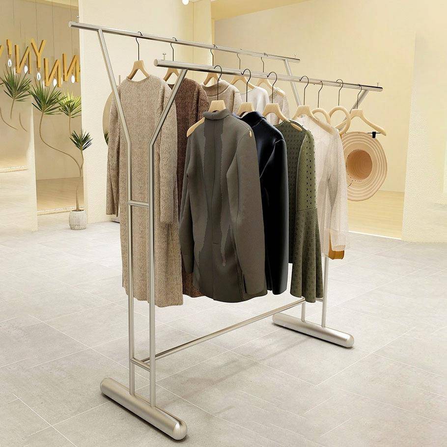 服装店双排高低挂衣架橱窗展示中岛架女装店不锈钢落地式衣帽架
