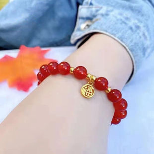 高冰仿紅瑪瑙福牌手鏈本命年紅色黑瑪瑙媽媽手串男女款 手飾