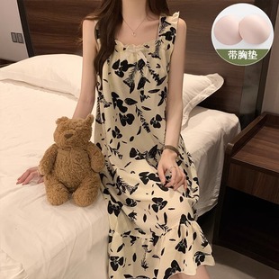 带胸垫睡裙女夏季 宽松家居服 薄款 中水墨简约吊带睡衣中长款