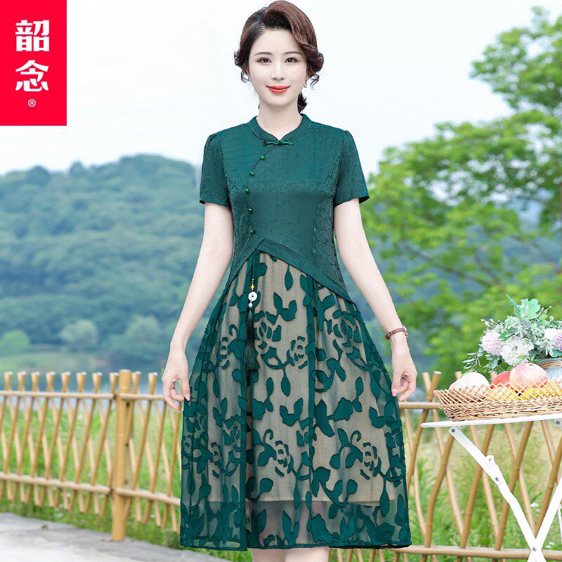 速发2025夏季新款纱网蕾丝旗袍连衣裙改良版中长款婚礼妈妈装大码