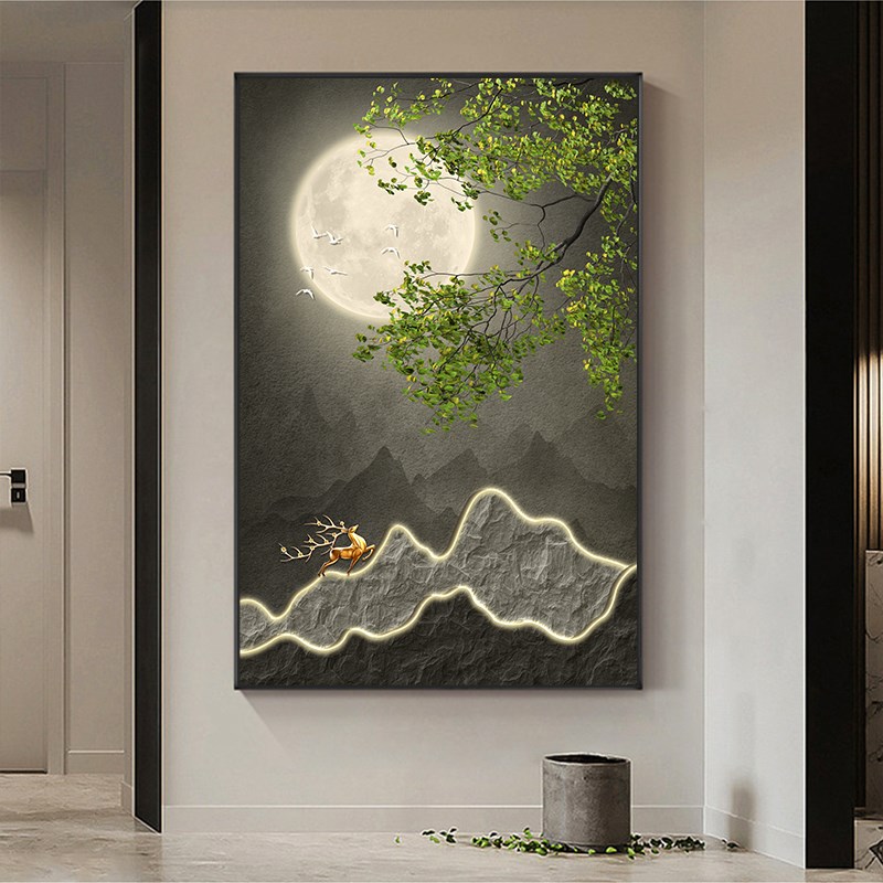 速发中式福禄进门玄关挂画迎客松入户走廊装饰画日出东方客厅过道图片
