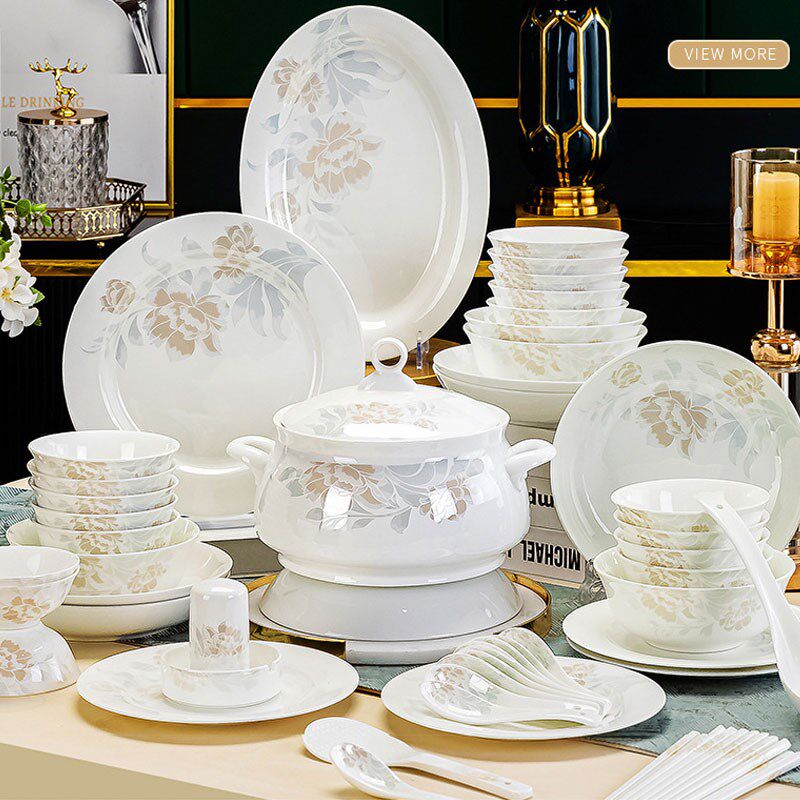 速发清雅用骨瓷套装碗盘碟勺组合礼品家新碗盘景德镇乔迁家用实惠