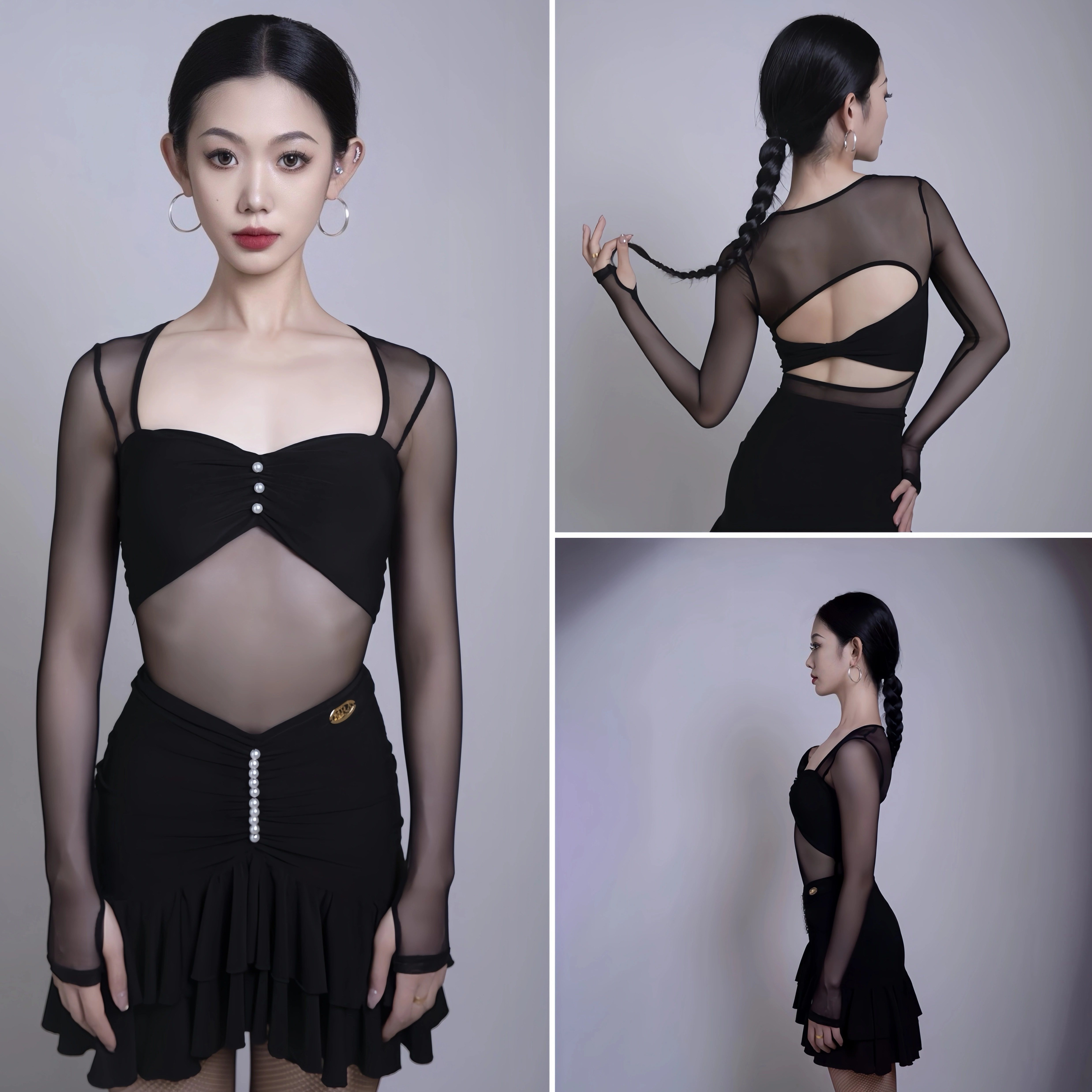 MIRA米拉拉丁舞服2025新款女珍珠网纱连体衣珍珠荷叶边半身裙分体