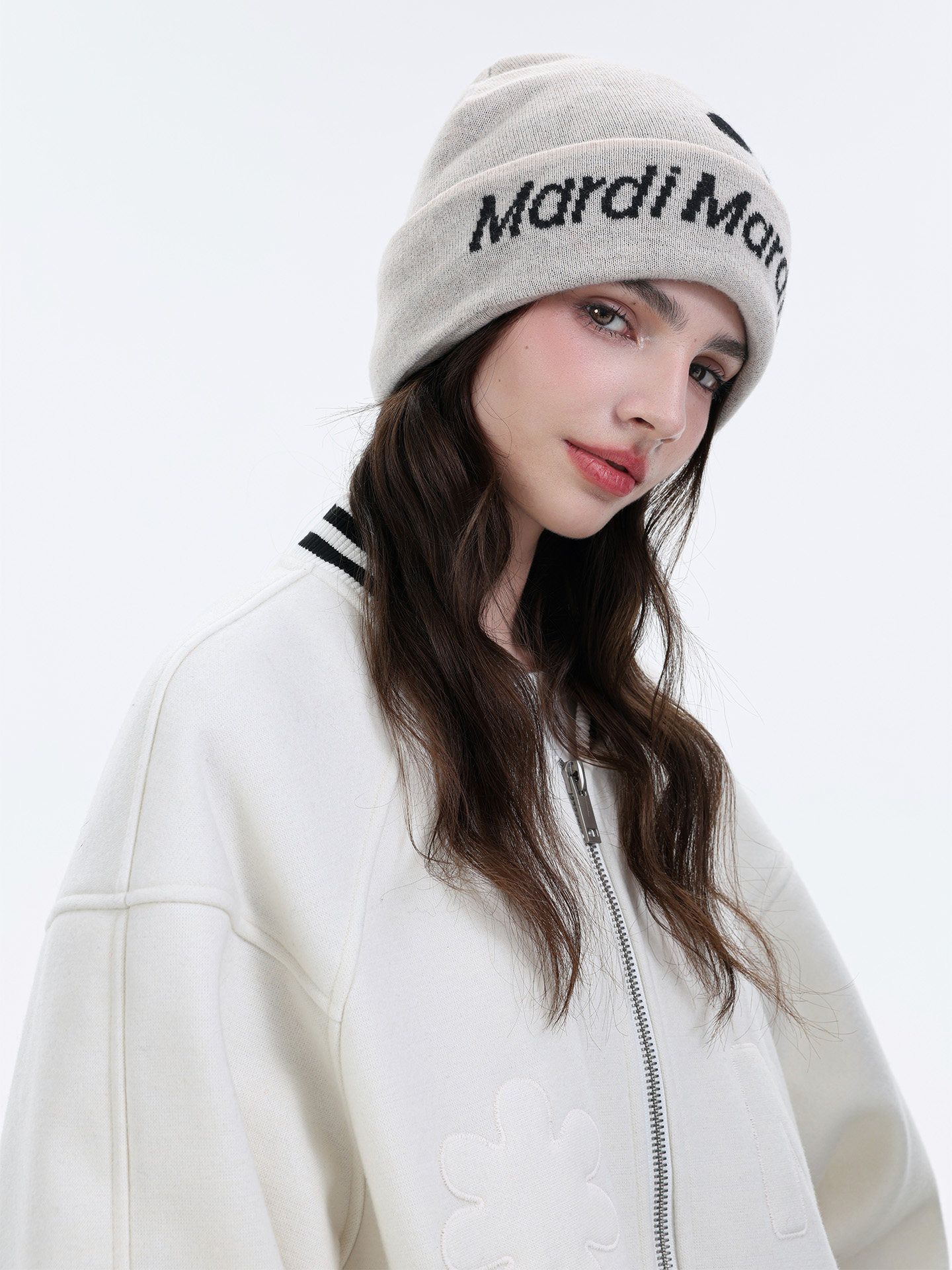 Mardi字母刺绣针织毛线帽女25秋冬新款百搭100%羊毛护耳保暖帽子