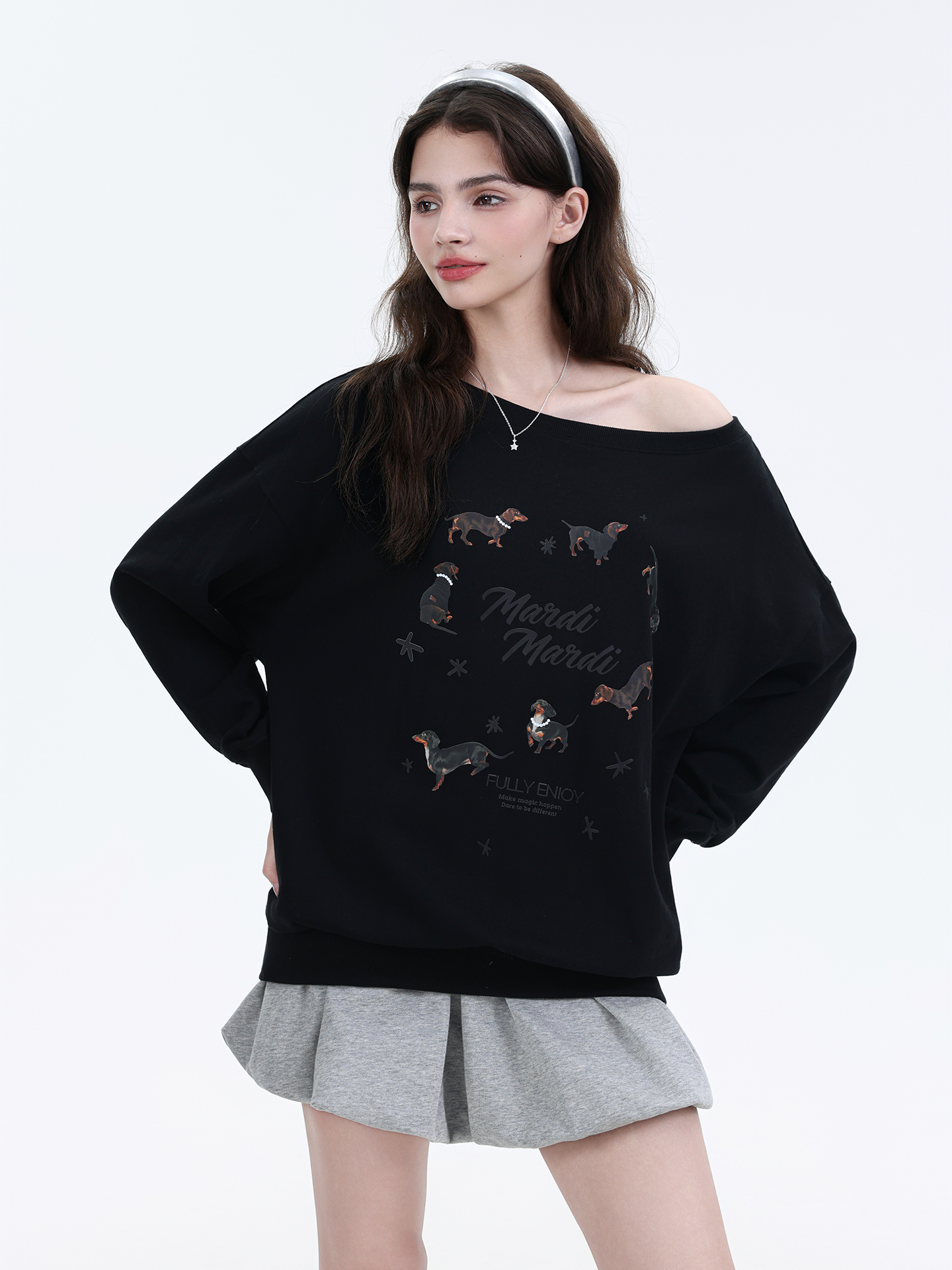 Mardi斜肩设计感韩系休闲卫衣时尚宽松25秋季新款慵懒风印花上衣