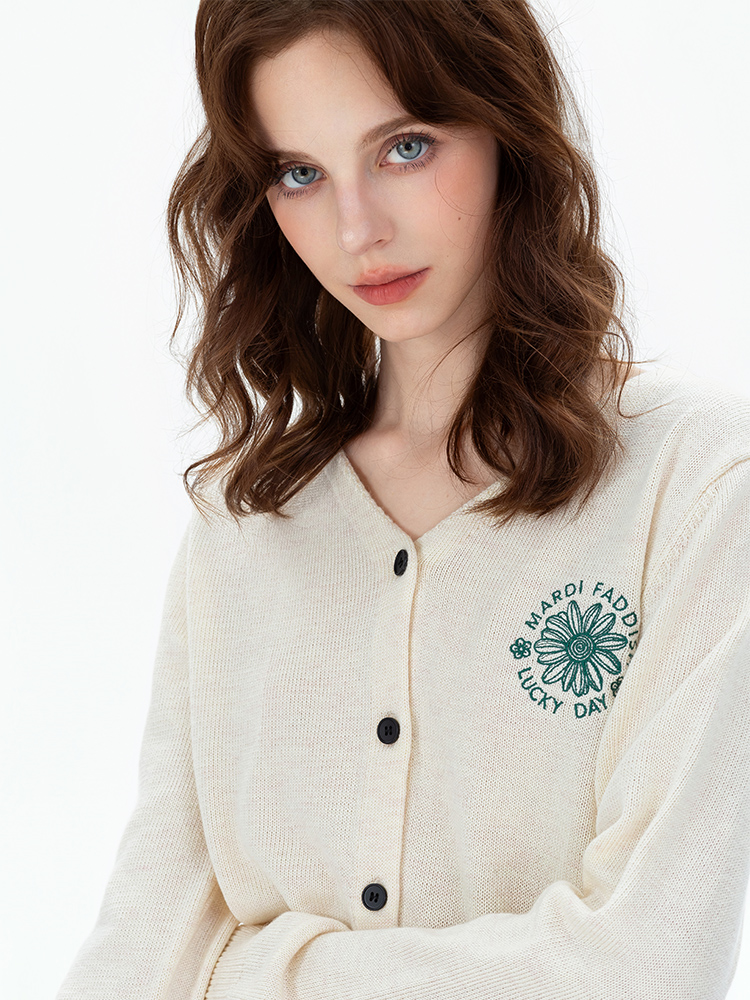 Mardi春秋季24新品女装V领雏菊刺绣时尚针织开衫上衣气质休闲毛衣