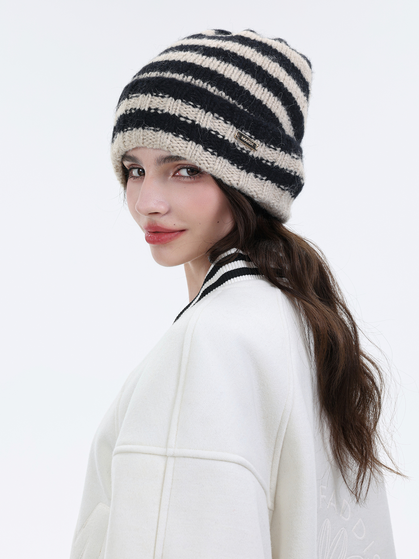 Mardi韩版显脸小大头围针织帽25秋冬羊毛混纺时尚保暖拼色毛线帽