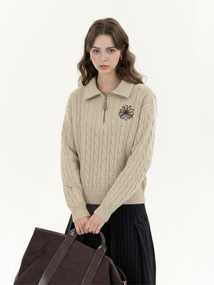 Mardi秋冬新款拉炼麻花针织毛衣韩系经典雏菊Polo领宽松针织上衣