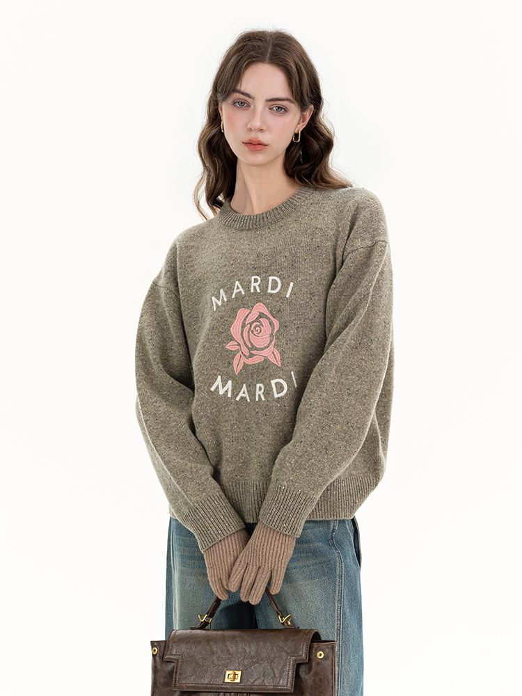 Mardi秋冬季24新款时尚玫瑰刺绣圆领毛衣女慵懒百搭羊毛针织打底