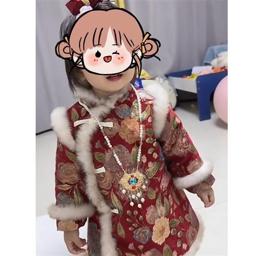 拜年服女童汉服冬款加绒加厚中国风新年服长款儿童旗袍女宝连衣裙