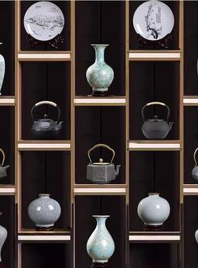 中式茶室摆件套装艺术品博古架茶柜茶壶茶道摆件装饰铁壶陶瓷花瓶