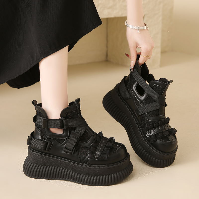 暗黑辣妹厚底增高短靴女2025新款夏季透气网面配裙子甜酷大头单鞋