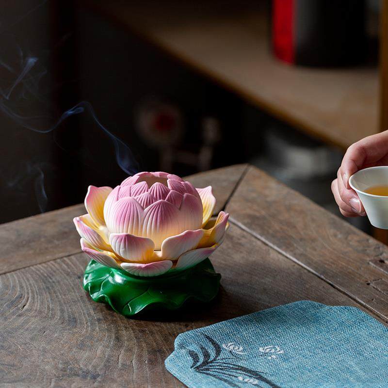 碌心 荷花香炉香器陶瓷禅意摆件悦目清心盘香锥香适用手工绘制