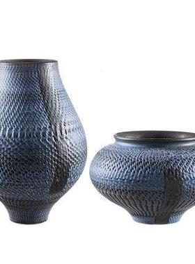 中式釉彩陶瓷花DXJ器房样板售楼处玄东关件方美学蓝黑色花摆瓶饰