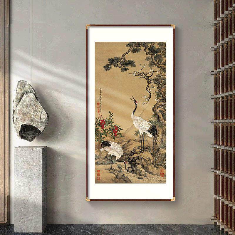 新中式客厅装饰画松鹤延年仙鹤图国画鸳鸯图中古风书房茶室挂画框