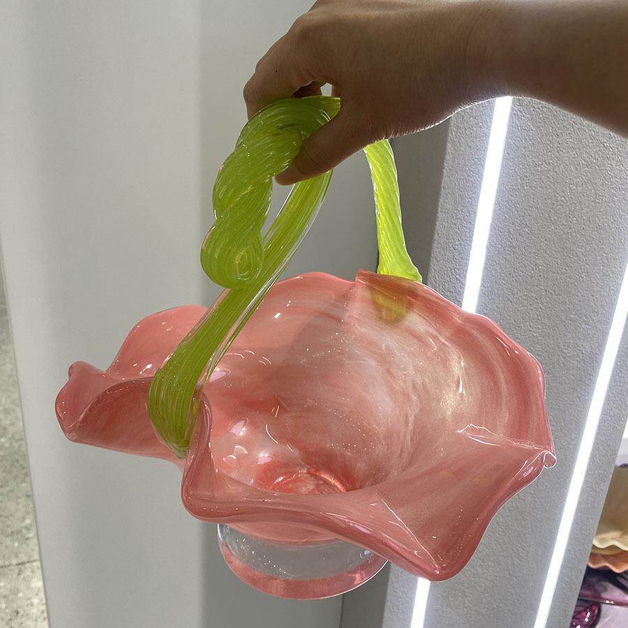 中古拼色提壶花篮花器法式手工琉璃玻璃花瓶插花提蓝花盆摆件