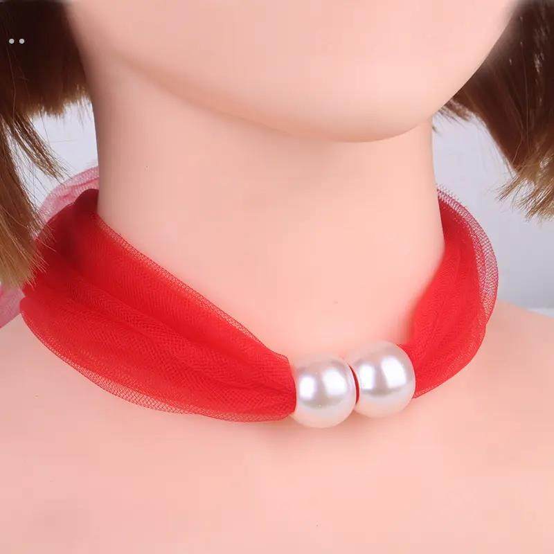 蕾丝珍珠围脖套女夏季薄款围巾颈带丝带小丝巾夏天遮脖子疤痕颈饰