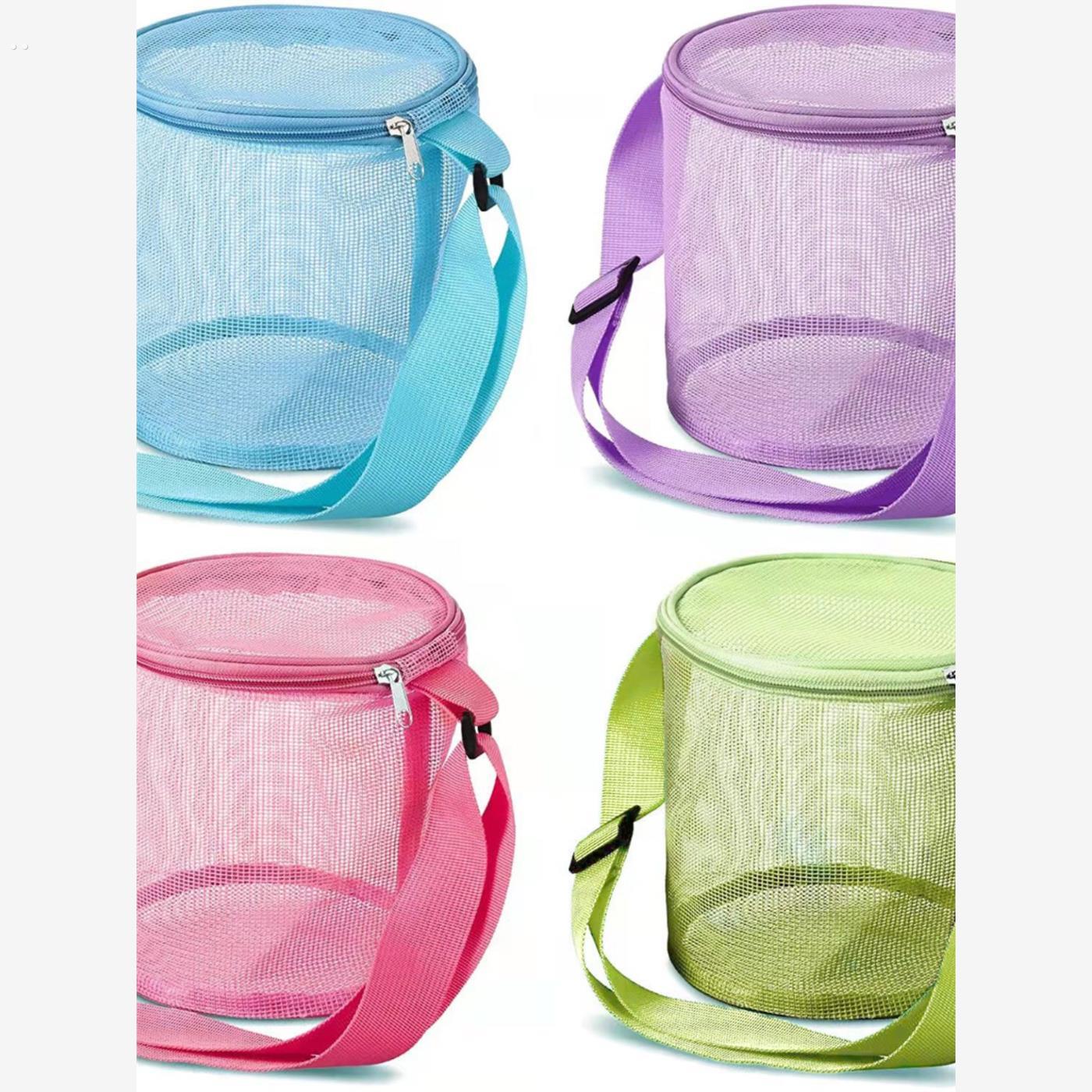 新款儿童网纱捡贝壳收纳袋海边沙滩立体圆形挖沙桶玩具整理收集袋