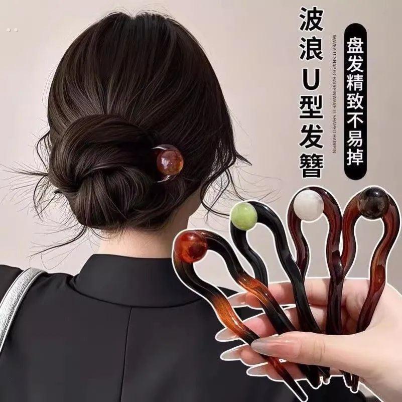 覆古u型发簪女高级感后脑勺丸子头盘发神器简约气质发钗簪子头饰