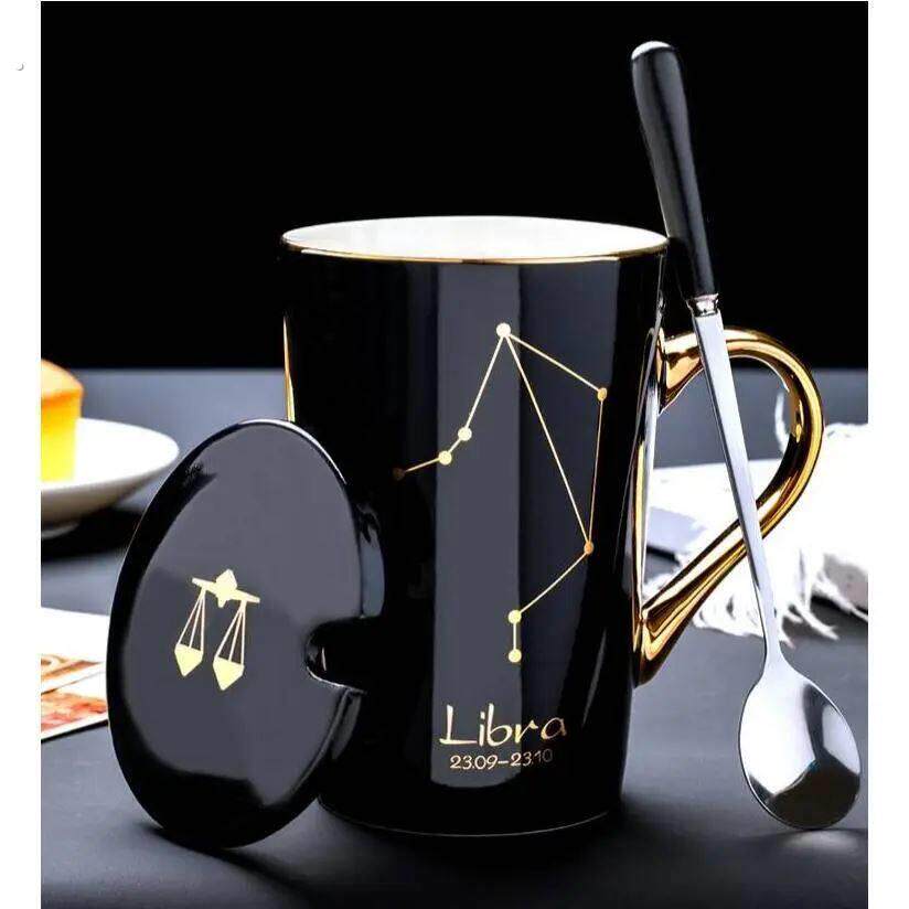 马克杯陶瓷杯子带盖子勺咖啡杯女家用情侣水杯男生办公室茶杯星座