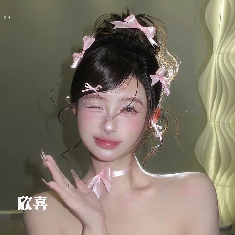 甜美蝴蝶结发夹粉色丝带发饰超仙新娘礼服晨袍头饰森系造型配饰品