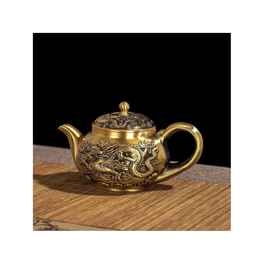 龙凤大茶壶高品质礼盒龙纹茶壶覆古铜酒壶黄铜工艺品百福壶摆件
