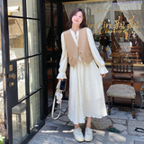 法式温柔风茶歇连衣裙套装女2025春秋新款显瘦复古气质马甲两件套，女装连衣裙，2C031