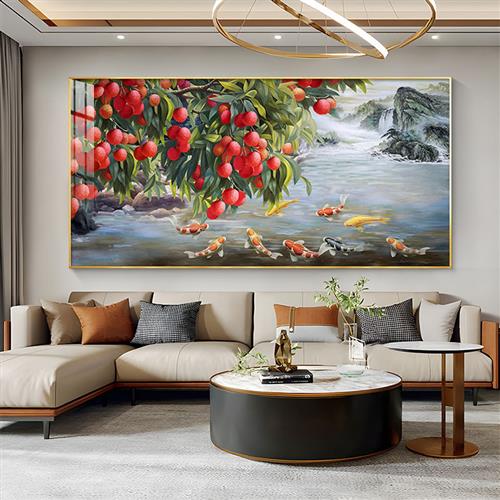 荔枝九鱼图客厅装饰画沙发后面背景墙挂画高端纯手绘油画招财壁画图片