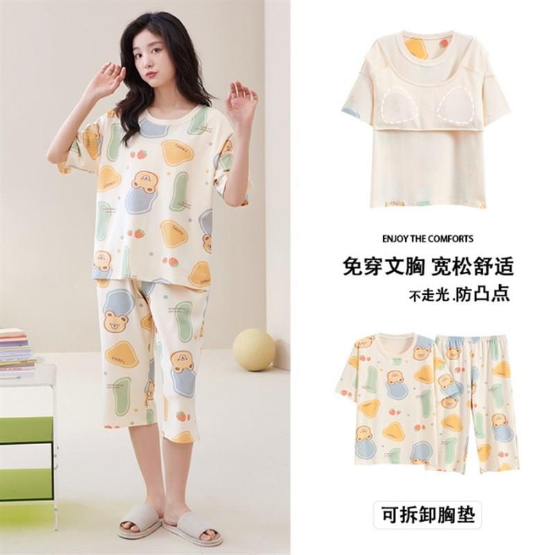 夏季新款睡衣女套头薄款t带胸垫短袖七分裤宽松休闲运动家居服