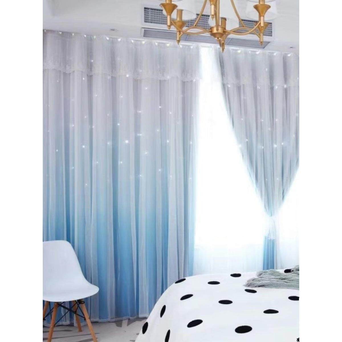 休闲双层渐变裁剪星窗帘卧室停电网红梦幻公主风格湾窗纱成品,居家布艺,定制窗帘,淘宝优惠券,粉丝福利购,淘宝优惠卷