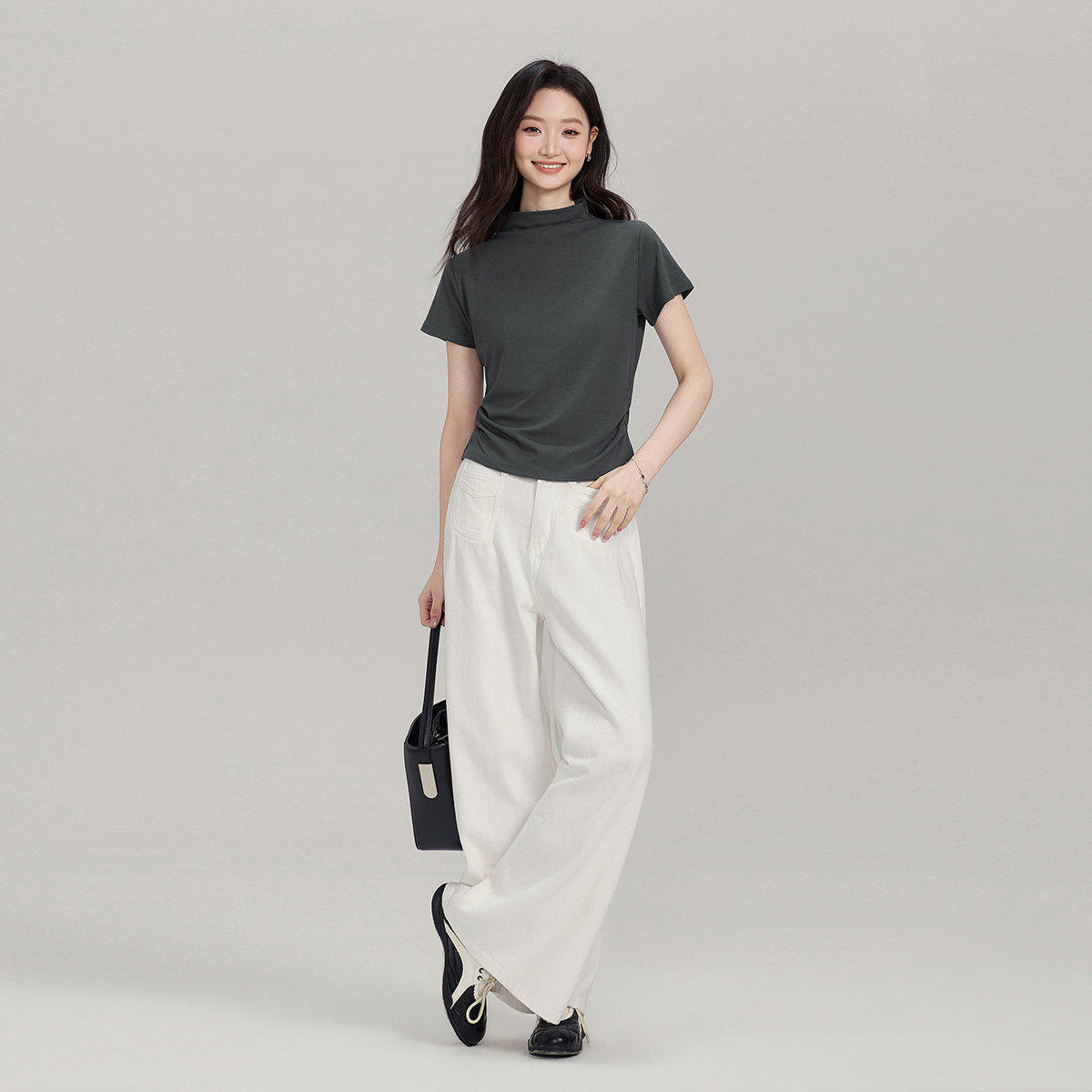 BASICBASE灰色褶皱半高领短袖T恤女款夏季轻熟简约风修身通勤上衣