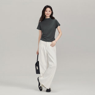 BASICBASE灰色褶皱半高领短袖T恤女款夏季轻熟简约风修身通勤上衣