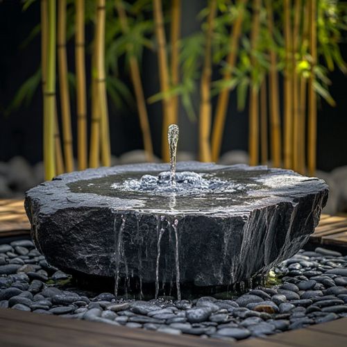 黑山石流水石钵造景雕中国黑瀑布石盆庭院户外日式喷泉水池