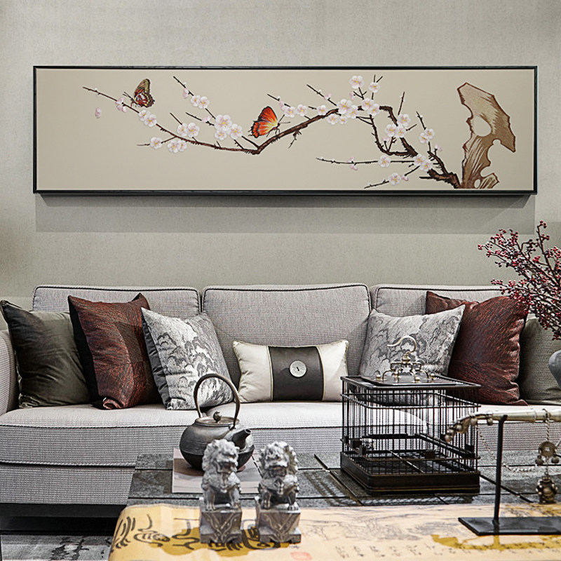 高档卧室床头画客厅沙发背景墙装饰画新中式刺绣梅花挂画横幅壁画