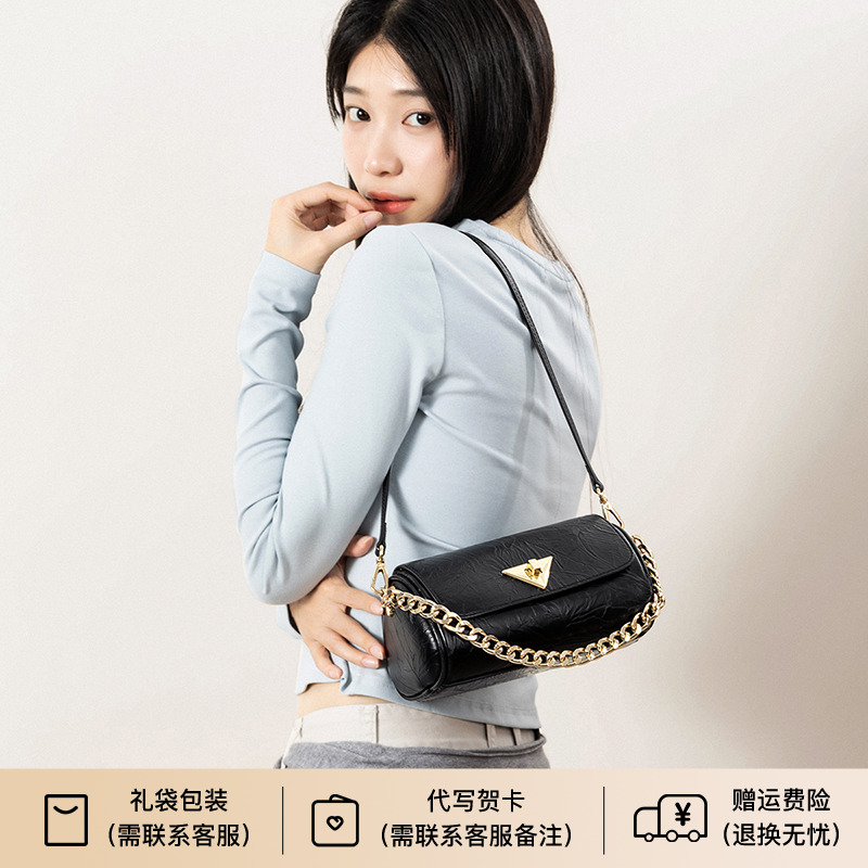 天美意牛皮链条包女2025新款百搭单肩斜挎包小圆包通勤休闲腋下包