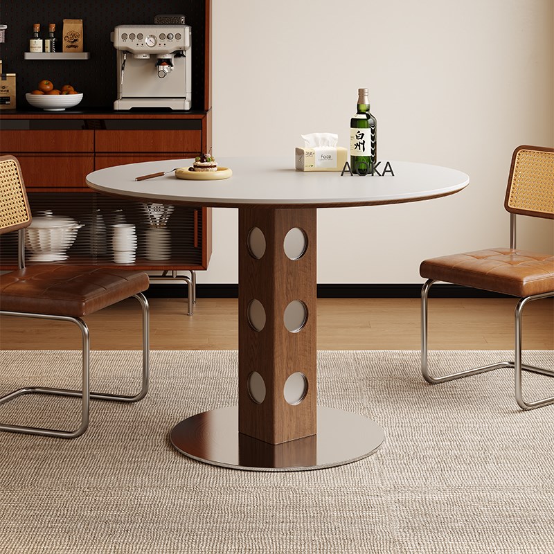 伯格圆桌餐桌实木岩板圆形家用小户型不锈钢白蜡木纯白1米小圆桌