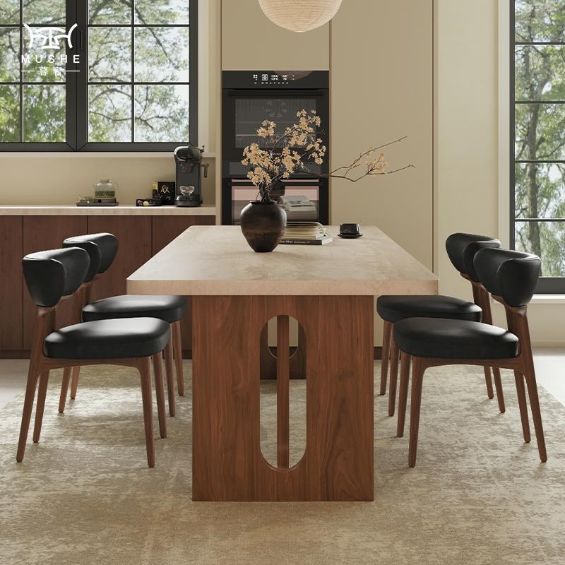 暮奢复古餐桌椅组合洞石岩板家用现代简约小户型长方形中古风餐桌