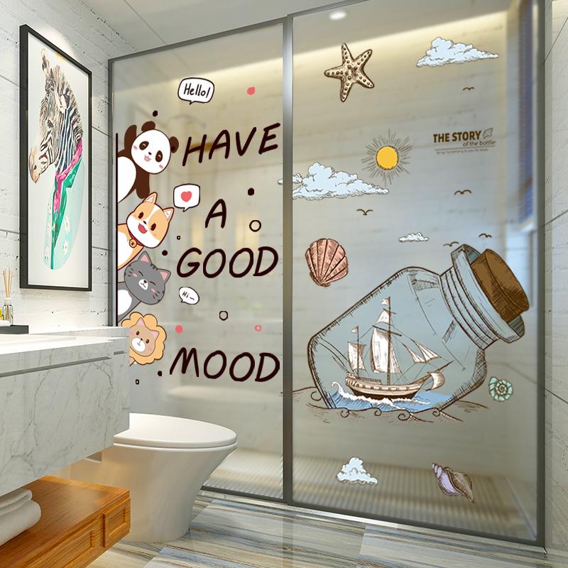 卫生间玻璃门贴自粘防水瓷砖门贴纸遮丑厕所装饰大图案浴室墙贴画图片