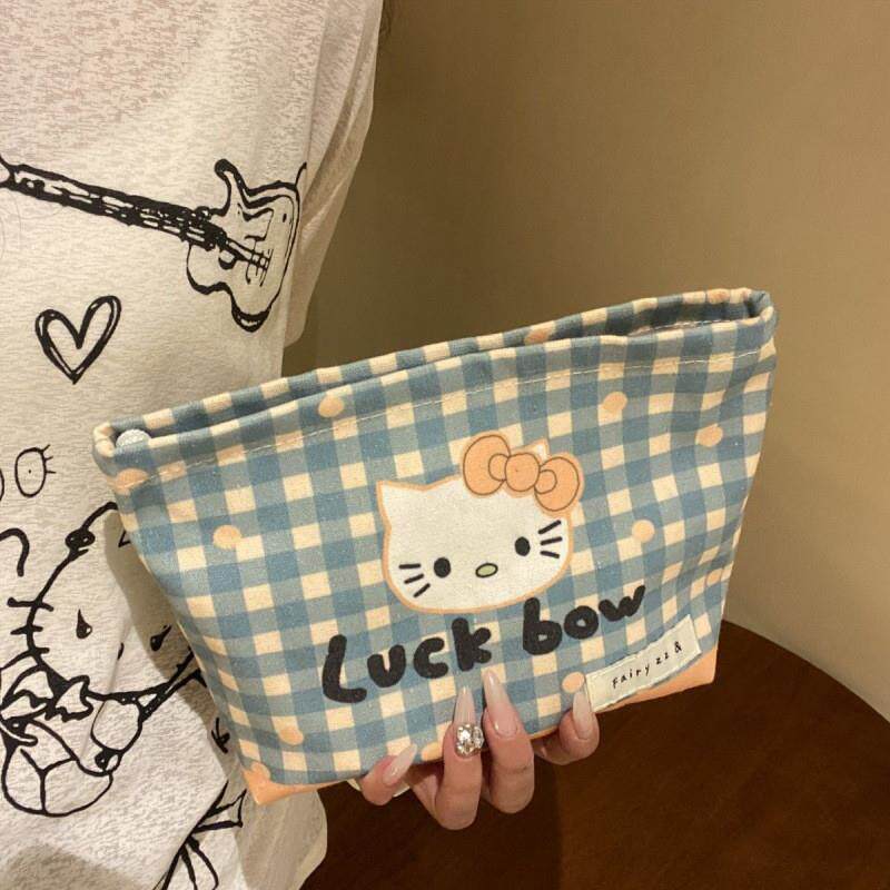 口红收纳袋原创设计中古kitty猫格子手拿内胆包化妆洗漱随身包内