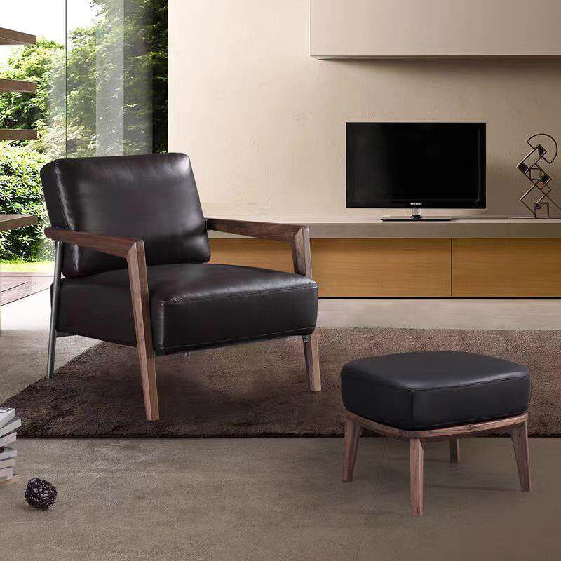 中式皮艺单人沙发椅轻奢实木简约洽谈休闲椅设计师新款售楼处阳台