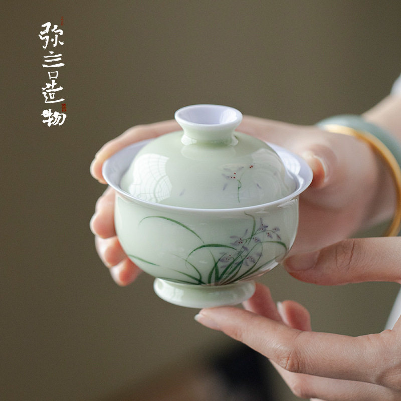 弥言手工陶瓷盖碗釉下彩手绘兰花泡茶碗单个高档茶具泡茶器不烫手