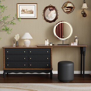 化妆台卧室家用复古收纳储物置物斗柜简约可移动中古风实木梳妆台