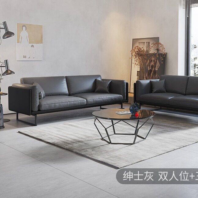 北欧现代客厅小户型铁艺皮沙发组合整装酒店售楼部北欧真皮沙发