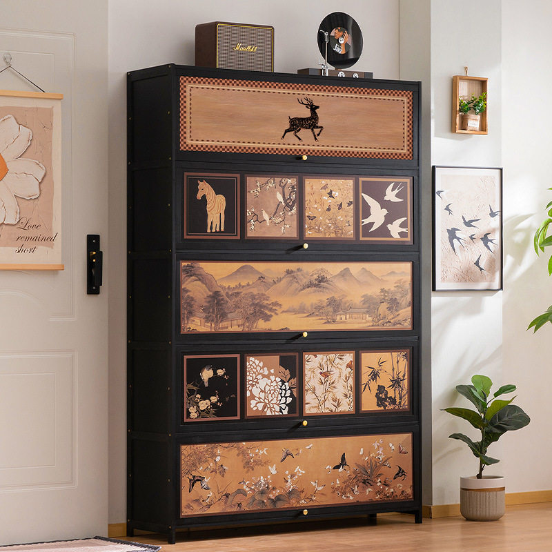 中古风入户玄关鞋柜门口鞋架子一体门外走廊家用多层带门收纳复古