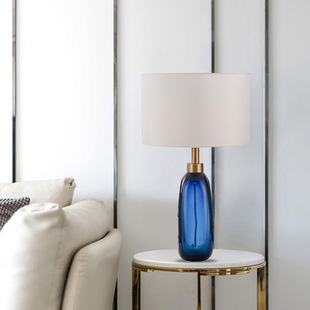 美式 饰台灯 简约淡蓝色水晶琉璃台灯后现代艺术创意卧室床头客厅装