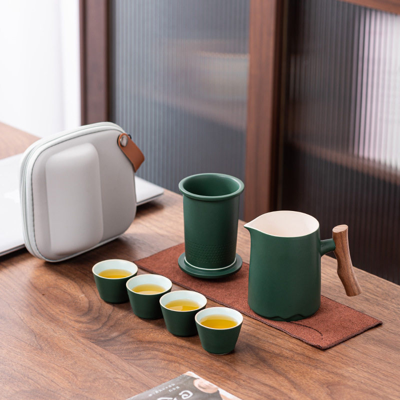 旅行茶具套装批发快客杯一壶四杯茶壶国潮便携式户外高档陶瓷木柄