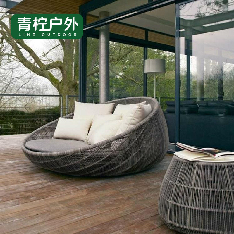 户外仿藤躺床 圆藤户外躺床 花园家具 泳池户外藤制家具躺床沙发